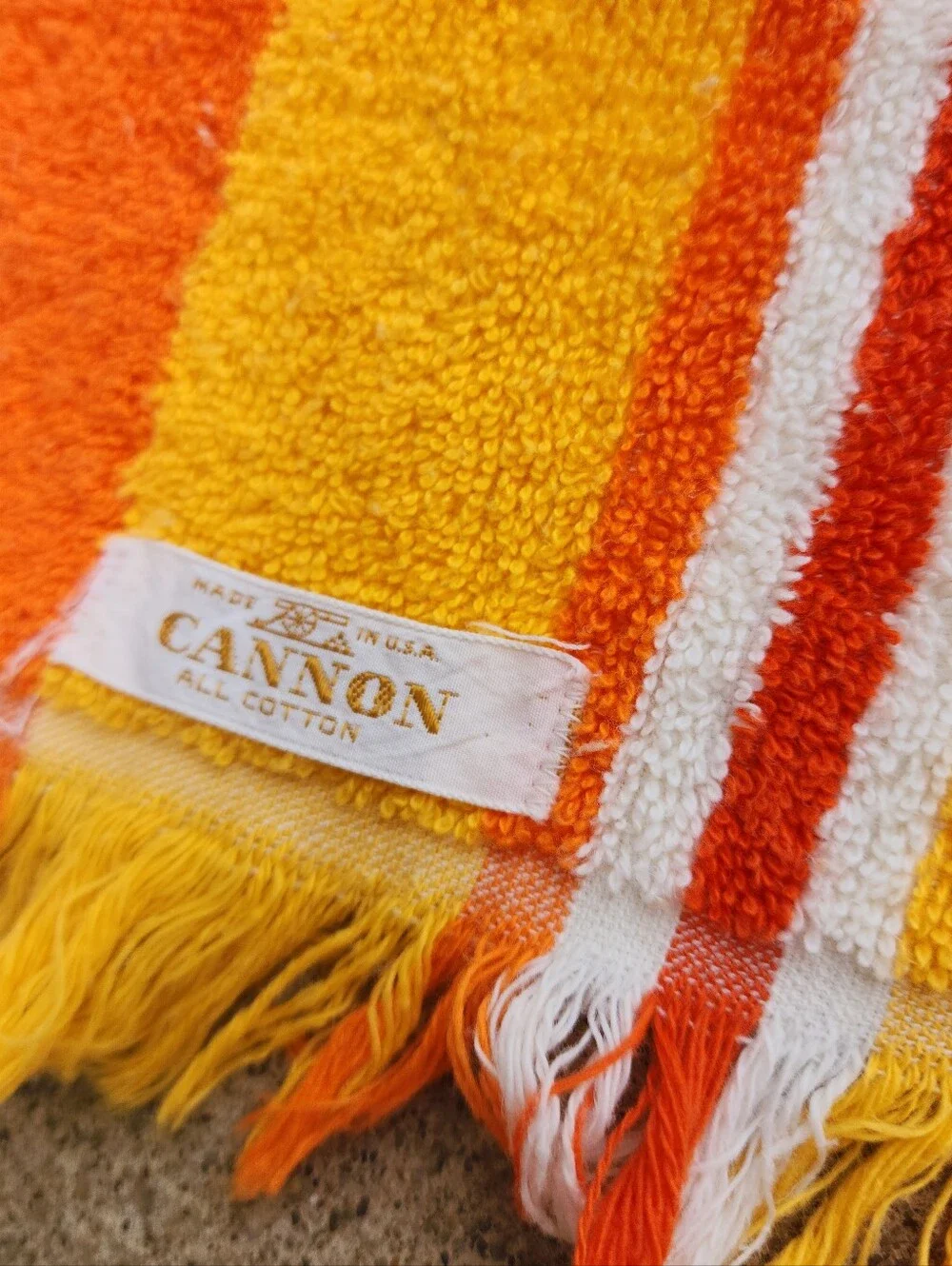 Vtg. Cannon Vibrant Striped Bath Towel Orange Gold White Fringed Cotton 22
